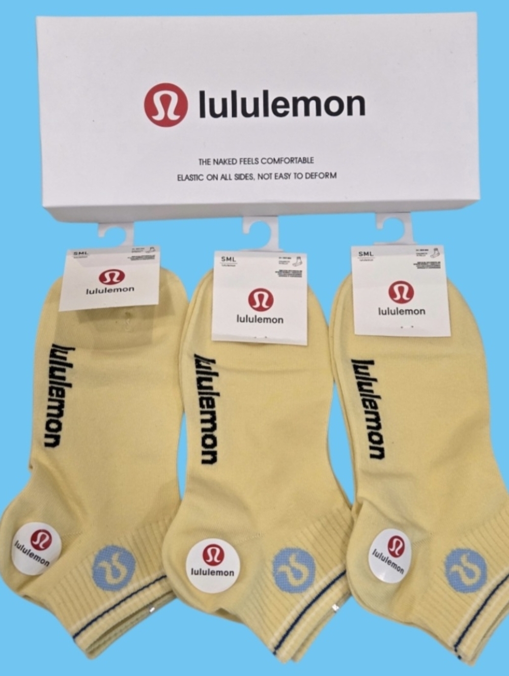 Lululemon Womens Logo Ankle Socks Small BNWT & Box 3 Pair Yellow Black & Blue